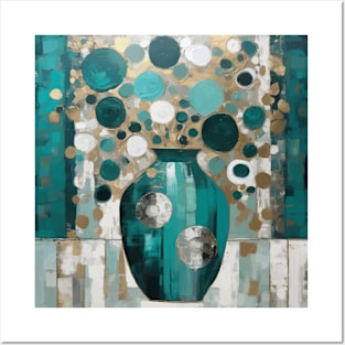 Teal Turquoise Silver White Gold Abstract Floral Still Life Painting Posters and Art